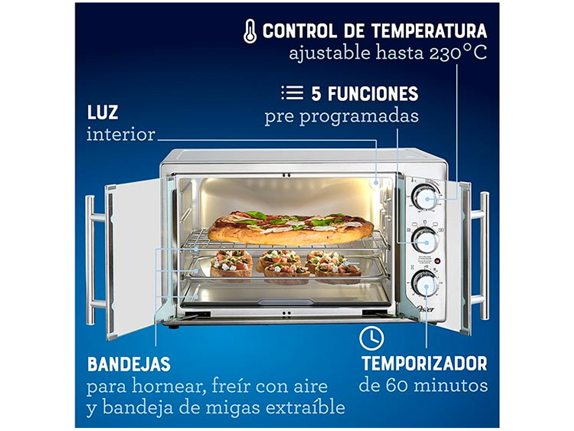 HORNO ELÉCTRICO OSTER 42 L TSSTTVFDMAFNS-052 CON FREIDORA DE AIRE ® PUERTAS ESTILO FRANCÉS 7
