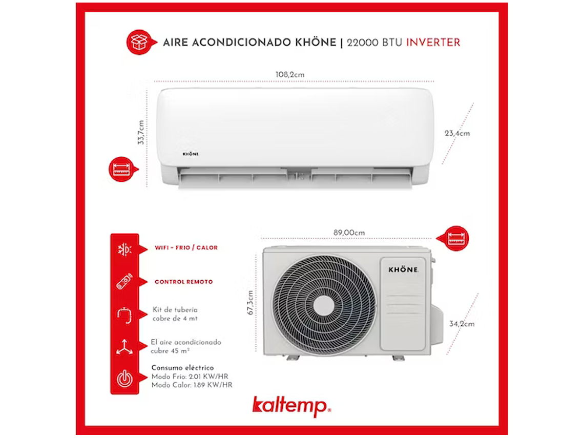 AIRE ACONDICIONADO INVERTER 22000BTU KHONE FRIO CALOR WIFI 4