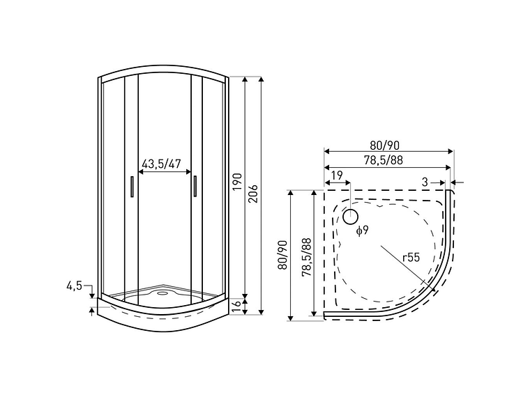 SHOWER 90X90 CURVO ELEGANT JOYTEK LÍNEAS RECTAS CON RECEPTÁCULO 3