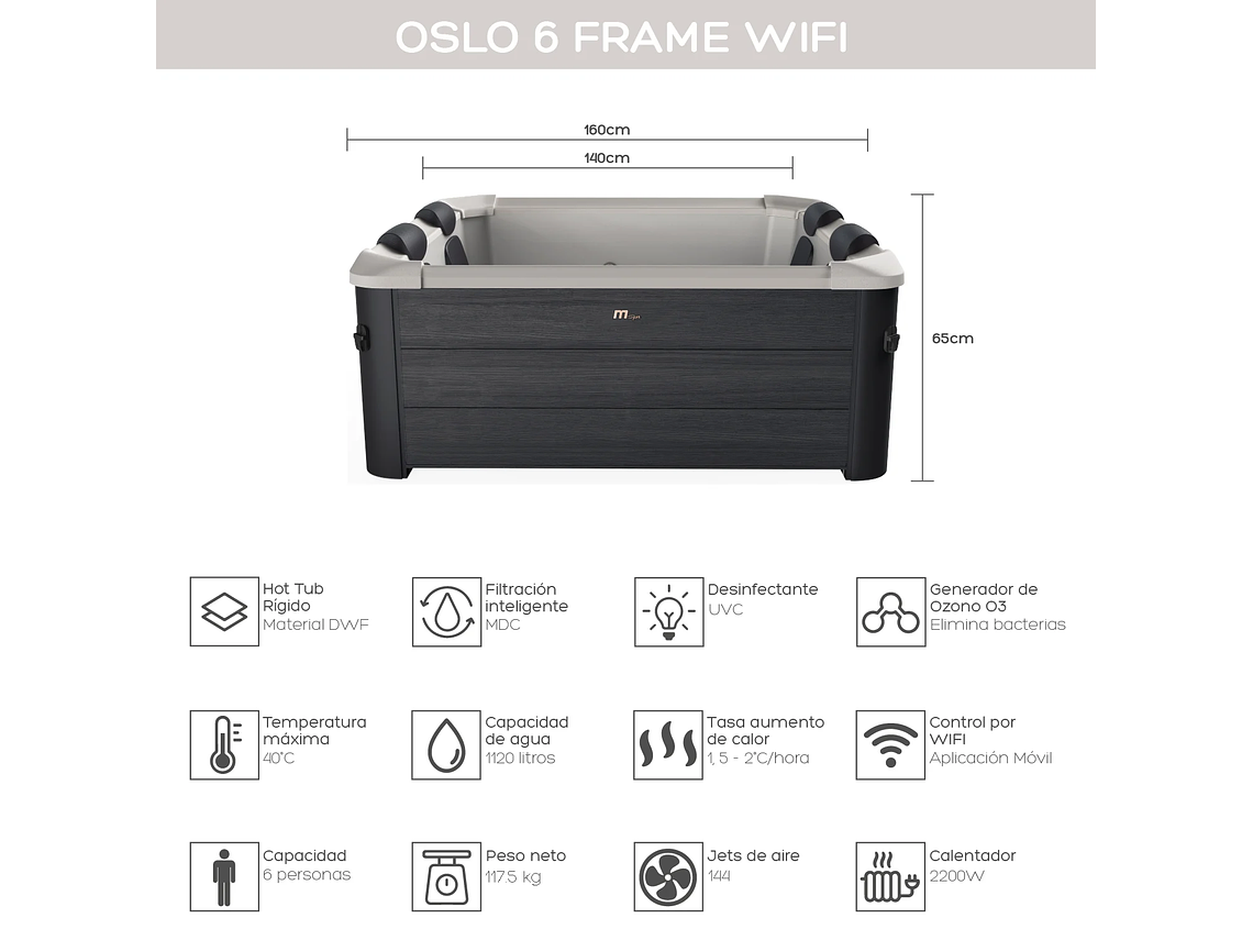 HOT TUB JACUZZI SPA RÍGIDO 6 PERSONAS OSLO FRAME WIFI MSPA 3
