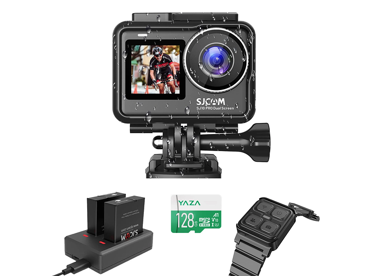PACK CÁMARA DEPORTIVA SJCAM SJ10 PRO 4K 60FPS WIFI ESTABILIZADOR CON CARGADOR 2 BATERIAS RELOJ Y MIC 1