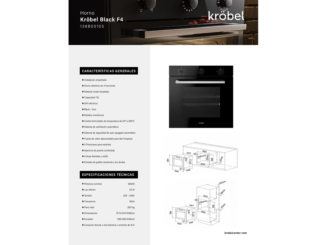 HORNO EMPOTRABLE KRÖBEL SERIE BLACK 4F 73L 3
