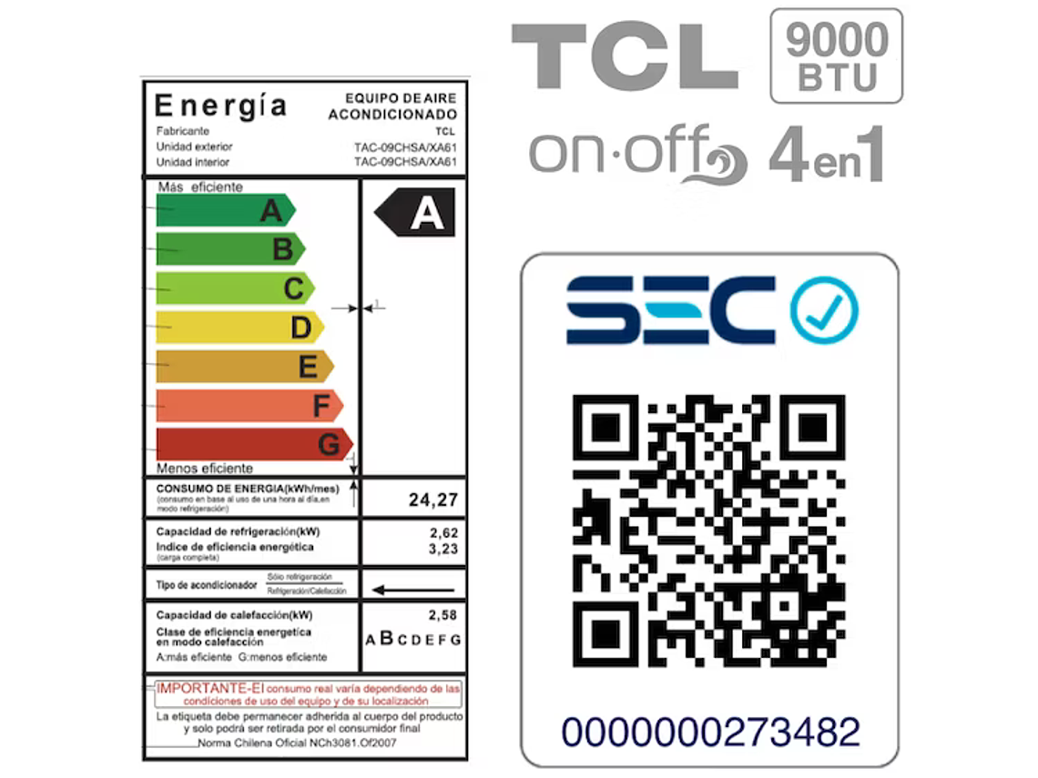 AIRE ACONDICIONADO FRIO-CALOR SPLIT TCL 9000 BTU 4EN1 3