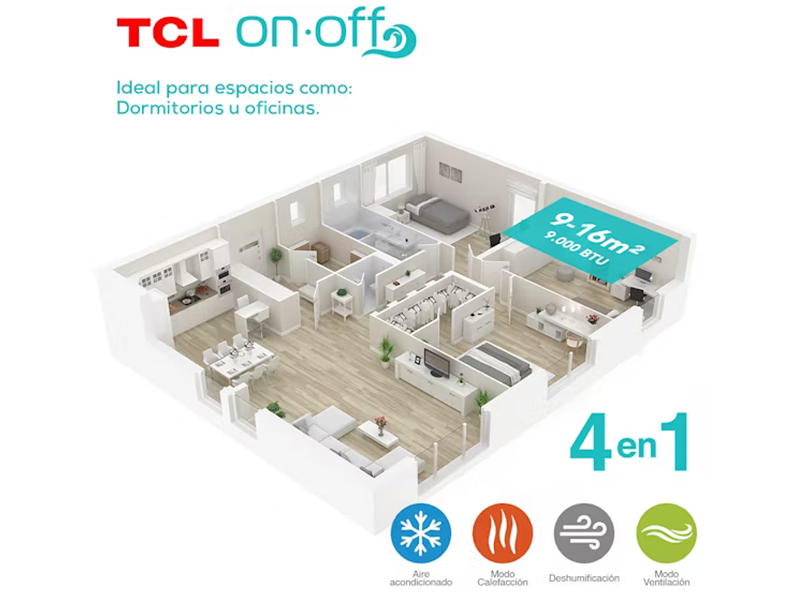 AIRE ACONDICIONADO FRIO-CALOR SPLIT TCL 9000 BTU 4EN1 6