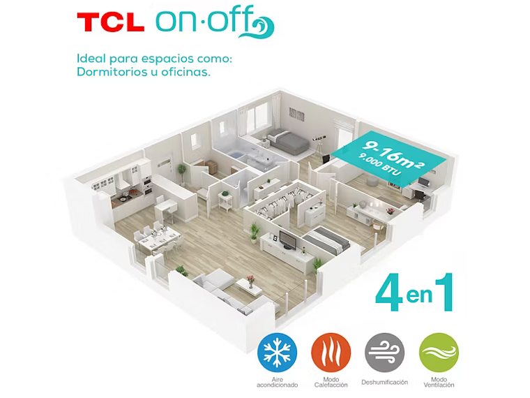 AIRE ACONDICIONADO FRIO-CALOR SPLIT TCL 9000 BTU 4EN1 6