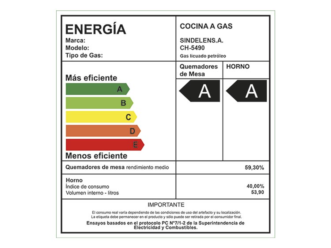 COCINA A GAS LICUADO SINDELEN 4 PLATOS CH-5490NI 4P 4