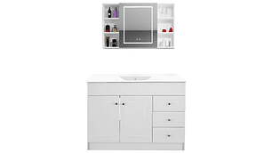 KIT MUEBLE VANITORIO DOMSA CON BOTIQUIN ESPEJO LED ANTIEMPAÑANTE BP-120 BLANCO