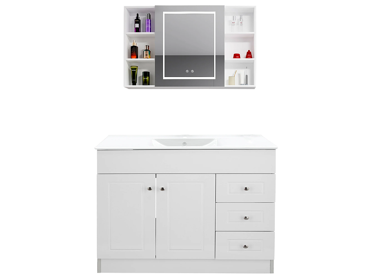 KIT MUEBLE VANITORIO DOMSA CON BOTIQUIN ESPEJO LED ANTIEMPAÑANTE BP-120 BLANCO 1