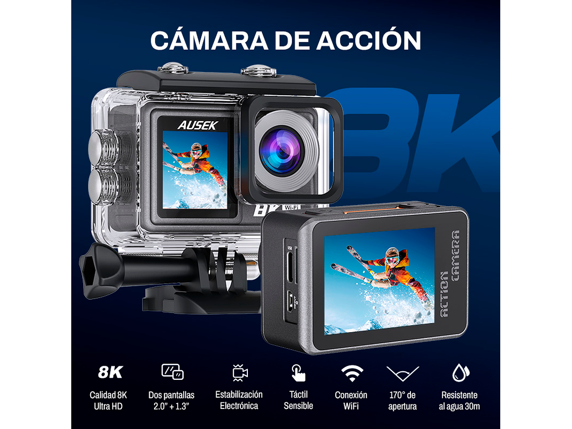 CÁMARA DEPORTIVA AUSEK 8K 50MP ULTRAHD CON ACCESORIOS ACCIÓN 2