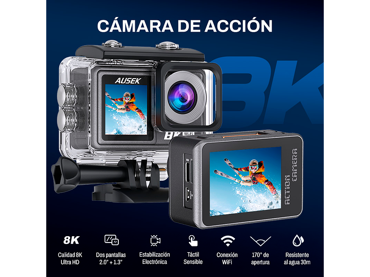CÁMARA DEPORTIVA AUSEK 8K 50MP ULTRAHD CON ACCESORIOS ACCIÓN 2
