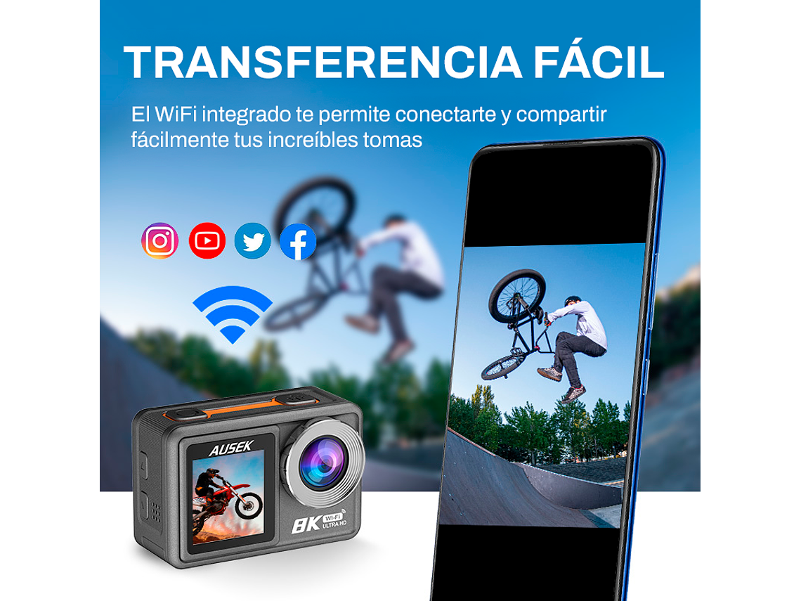 CÁMARA DEPORTIVA AUSEK 8K 50MP ULTRAHD CON ACCESORIOS ACCIÓN 3