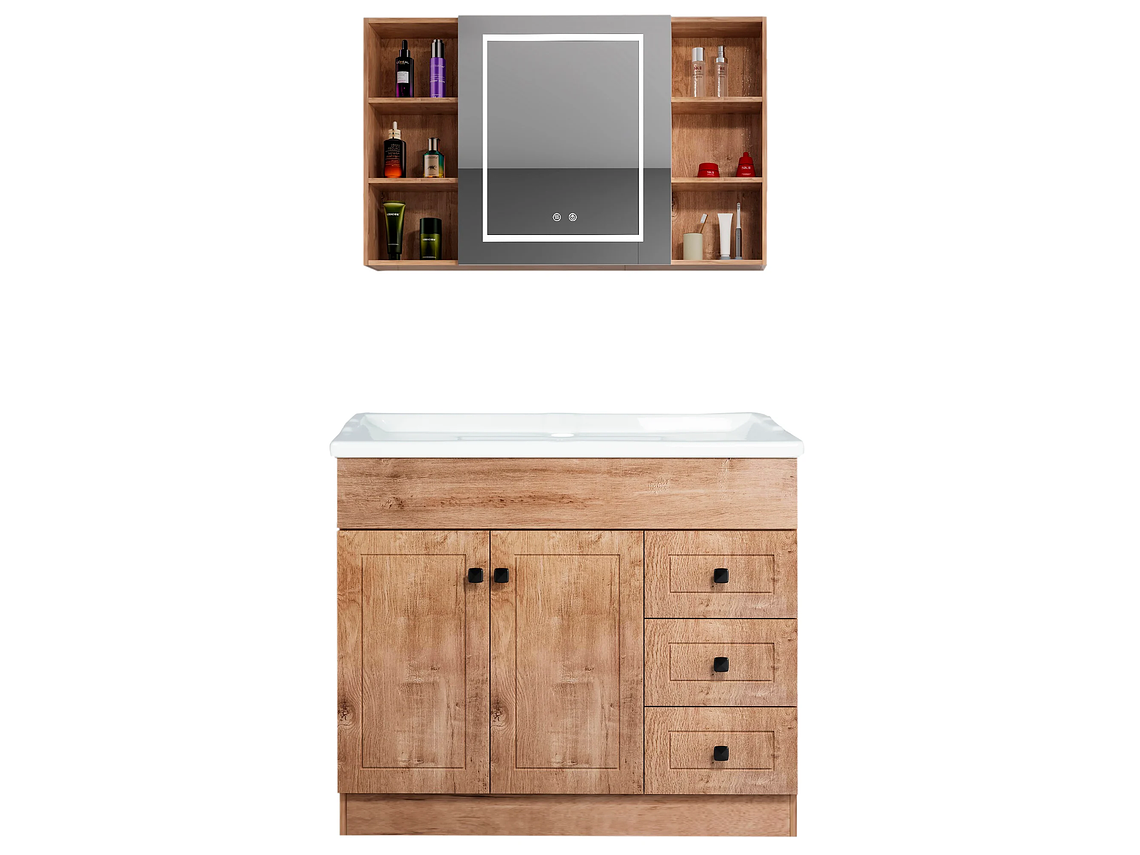 KIT MUEBLE VANITORIO DOMSA CON BOTIQUIN ESPEJO LED ANTIEMPAÑANTE WF-100 NOGAL 1
