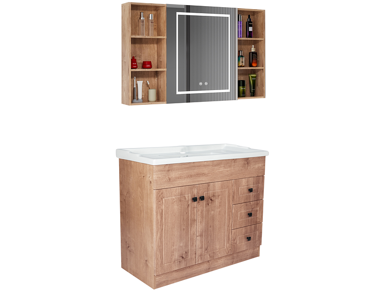 KIT MUEBLE VANITORIO DOMSA CON BOTIQUIN ESPEJO LED ANTIEMPAÑANTE WF-100 NOGAL 2