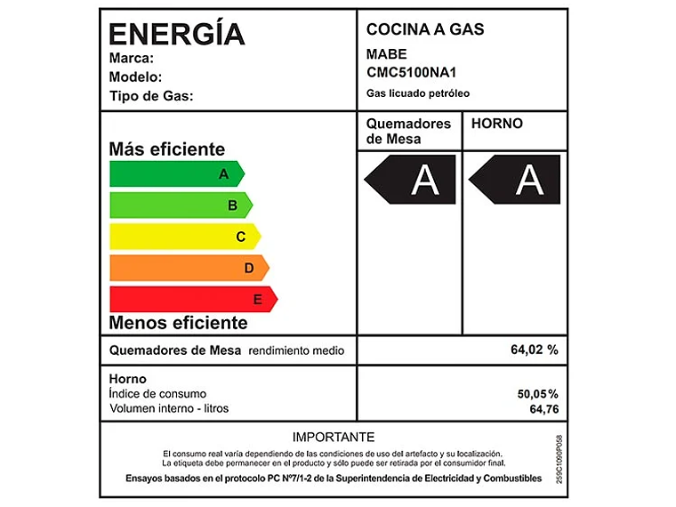 COCINA GAS LICUADO MABE 4 QUEMADORES CMC5100NA1 7