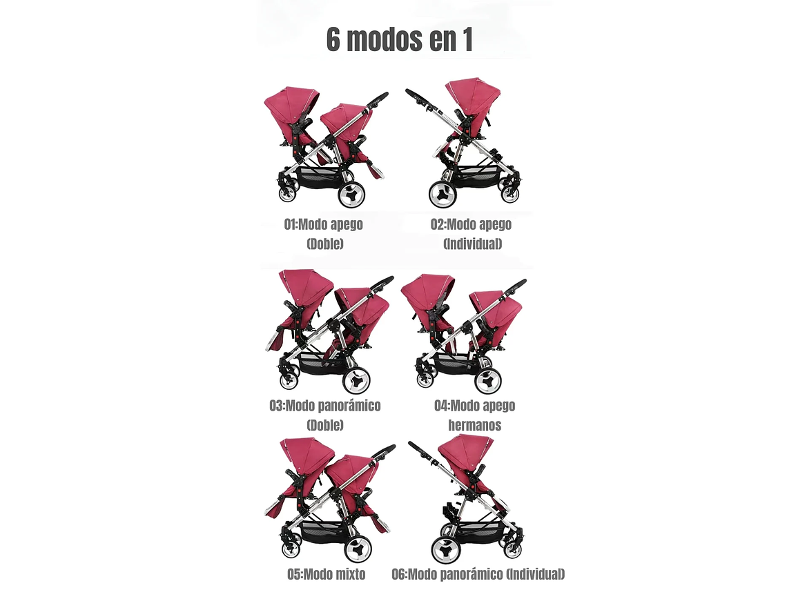 COCHE DOBLE DUO RECLINABLE 6 MODOS EN 1 LUBABYCAS NEGRO 2