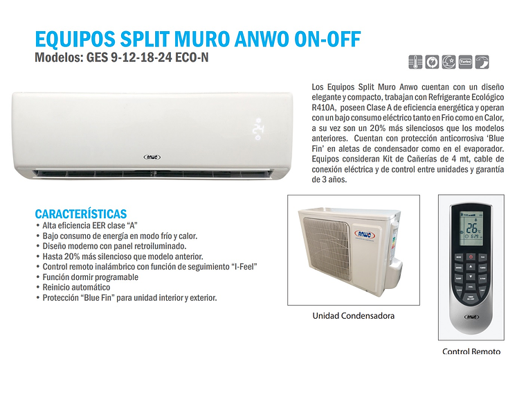 AIRE ACONDICIONADO SPLIT ANWO 12000 BTU ON/OFF ANWO 2