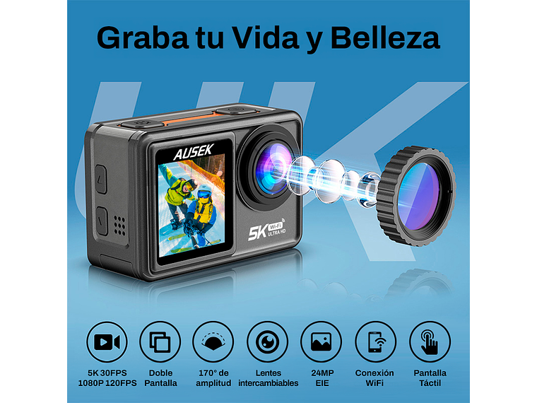 CÁMARA DEPORTIVA 5K 24MP ULTRAHD CON MICROFONO Y ACCESORIOS 4