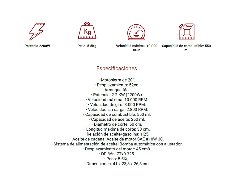 MOTOSIERRA INALAMBRICA A GASOLINA NAPPO 20'' 2200W 2