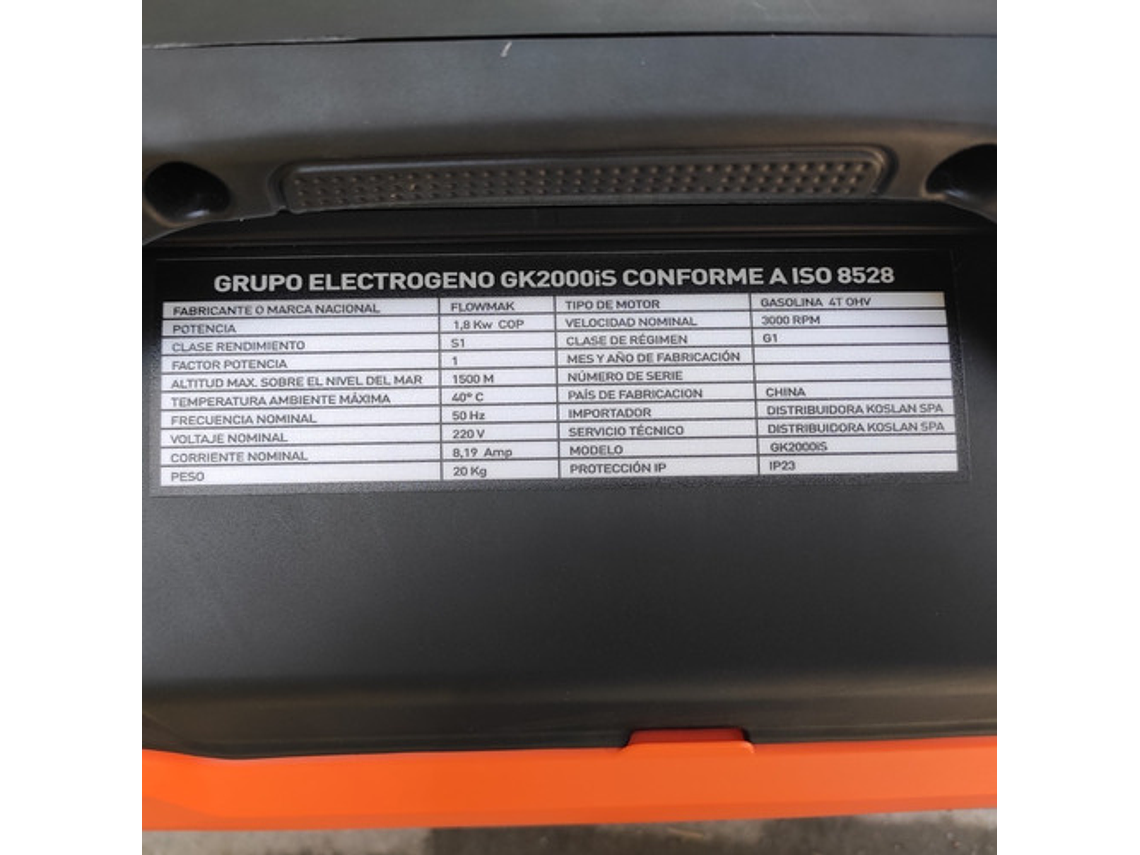 GENERADOR FLOWMAK GASOLINA GK2000IS INVERTER 220V 1800W 4
