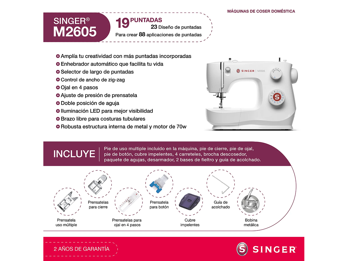 MÁQUINA DE COSER RECTA ZIG ZAG SINGER M2605 70W 7