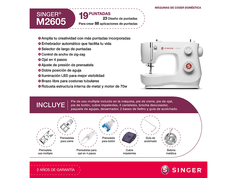 MÁQUINA DE COSER RECTA ZIG ZAG SINGER M2605 70W 7