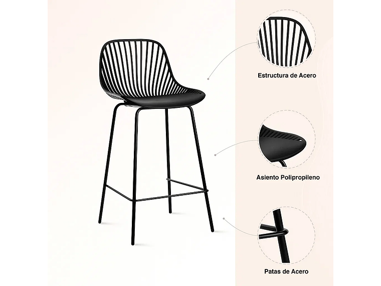 PACK DE 4 TABURETES PISO BAR TROPEA ALTO - EN COLOR NEGRO 3