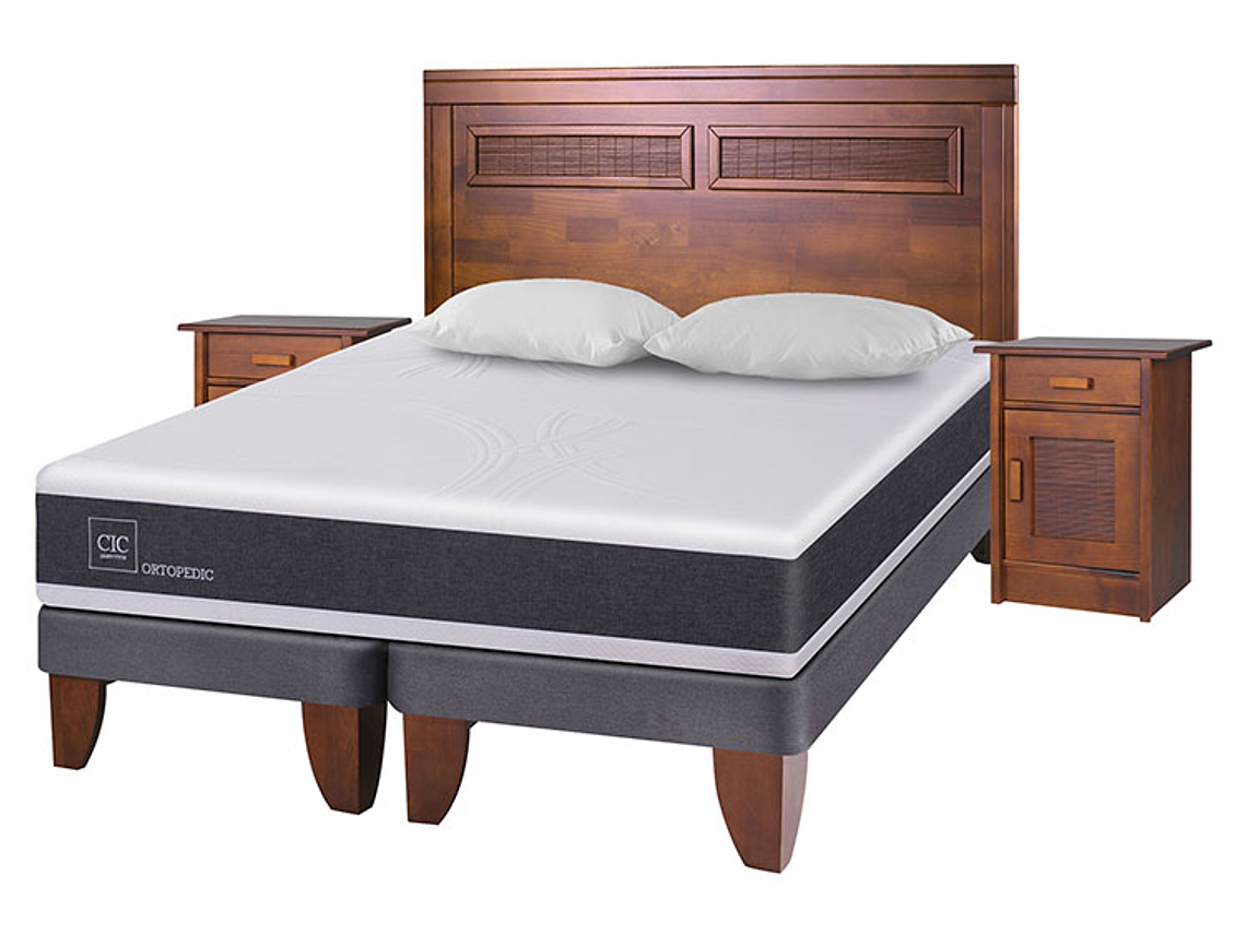 JUEGO DE DORMITORIO CIC CAMA EUROPEA NEW ORTOPEDIC KING + MADERAS MILAN + ALMOHADAS 2