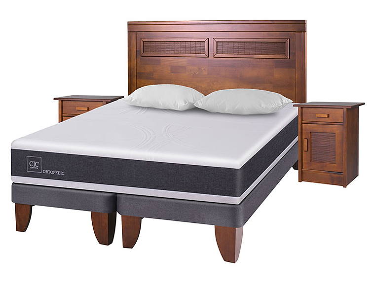 JUEGO DE DORMITORIO CIC CAMA EUROPEA NEW ORTOPEDIC KING + MADERAS MILAN + ALMOHADAS 2