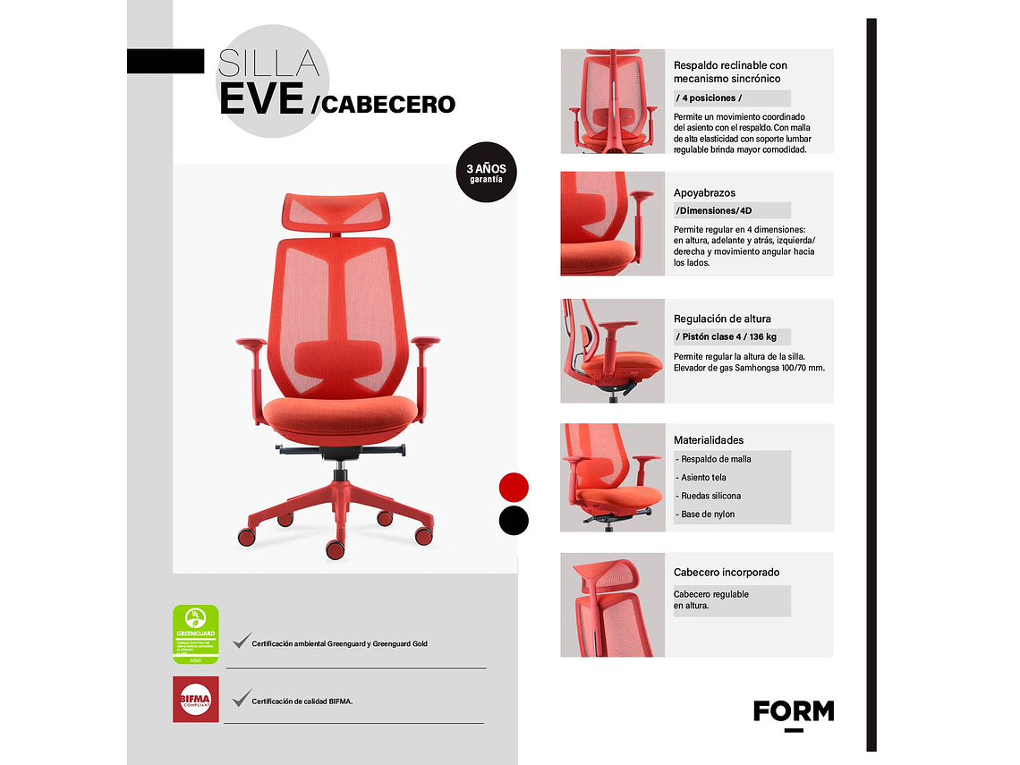 SILLA OFICINA EVE CON CABECERO ROJO FORM 6