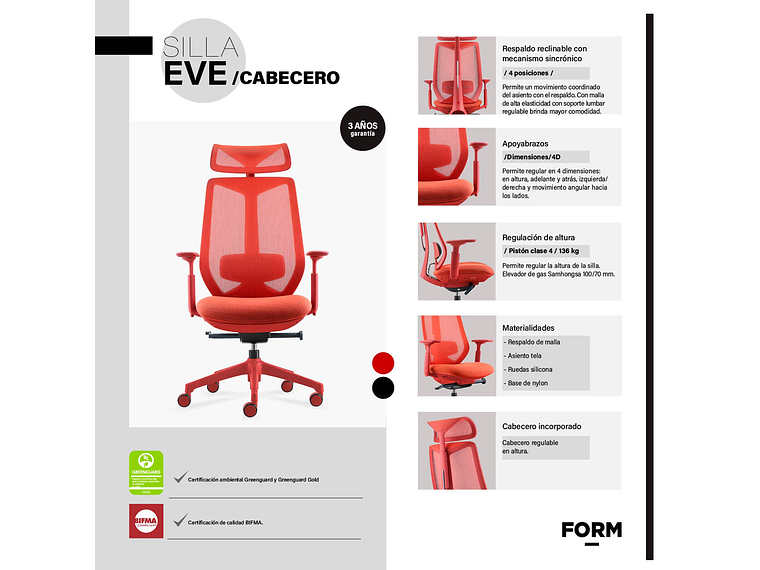 SILLA OFICINA EVE CON CABECERO ROJO FORM 6