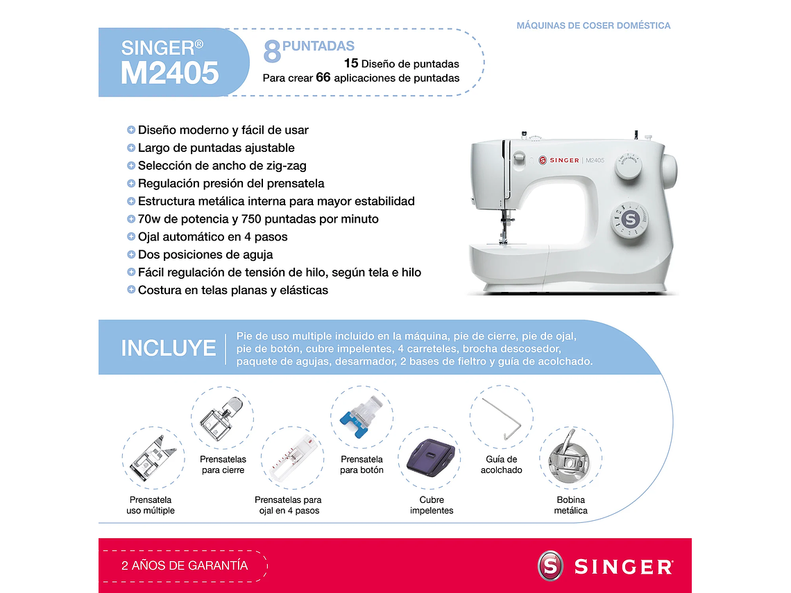 MAQUINA DE COSER SINGER M2405 MÁQUINA DE COSER 70W 6