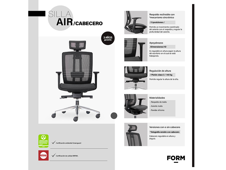 SILLA OFICINA AIR CON CABECERO GRIS OSCURO FORM 5