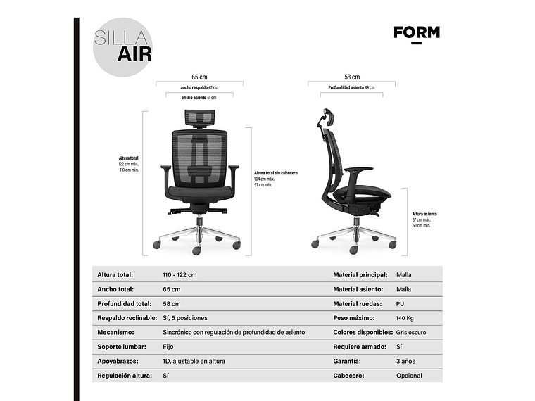 SILLA OFICINA AIR CON CABECERO GRIS OSCURO FORM 6