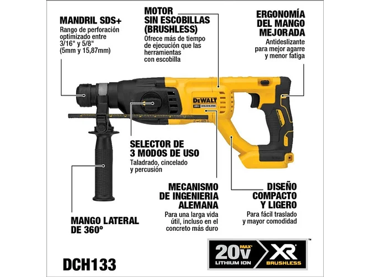 ROTOMARTILLO DEWALT SDS 20 V S/CARBONES S/BATERÍA DCH133B-B3 5