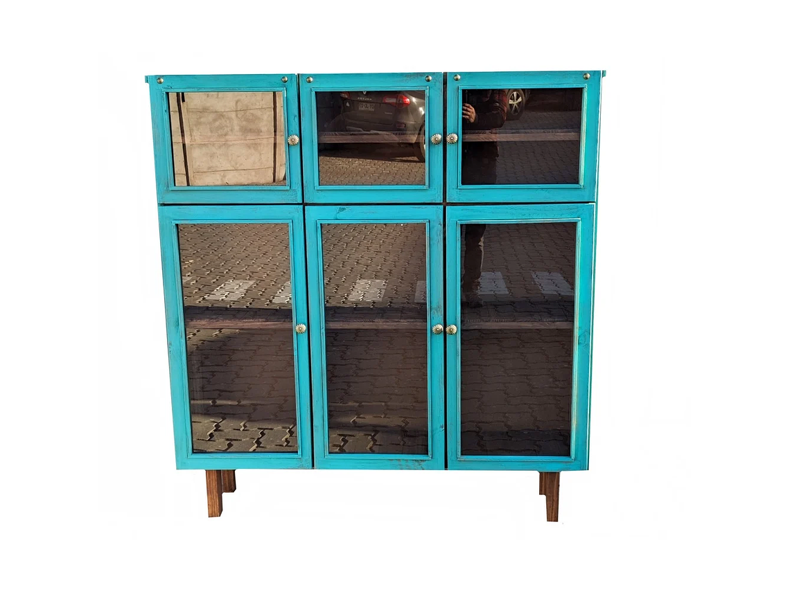 VITRINA RÚSTICA 6 PUERTAS EN VIDRIO TAIKKEE COLOR TURQUESA DECAPADO 1