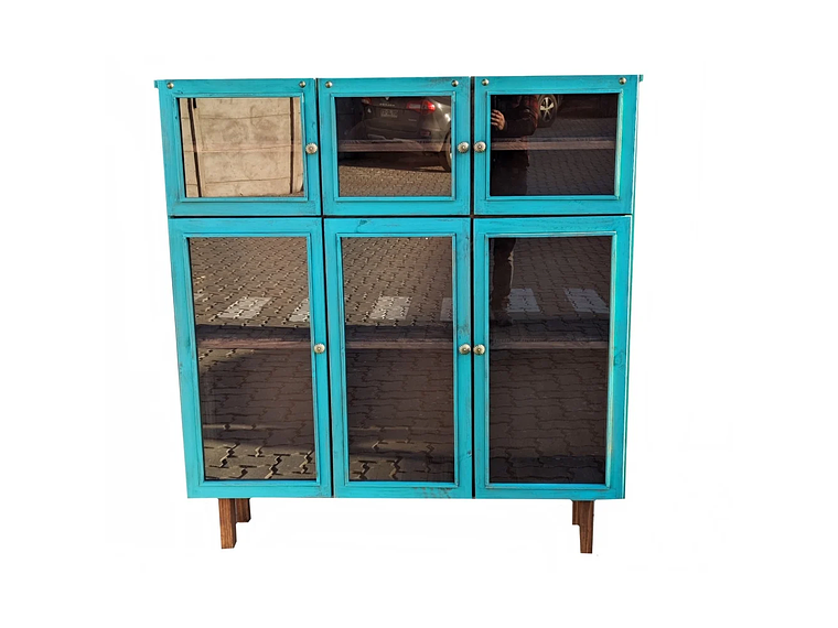VITRINA RÚSTICA 6 PUERTAS EN VIDRIO TAIKKEE COLOR TURQUESA DECAPADO 1