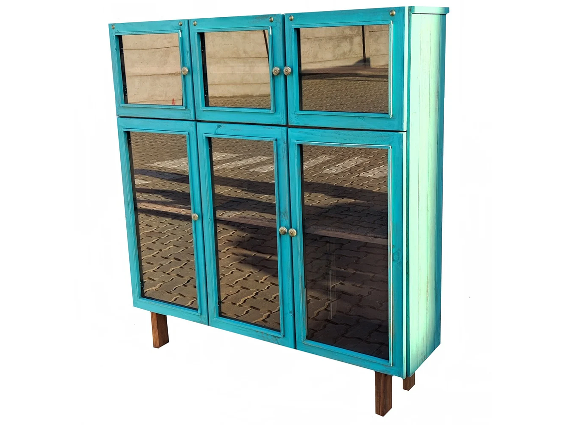 VITRINA RÚSTICA 6 PUERTAS EN VIDRIO TAIKKEE COLOR TURQUESA DECAPADO 2