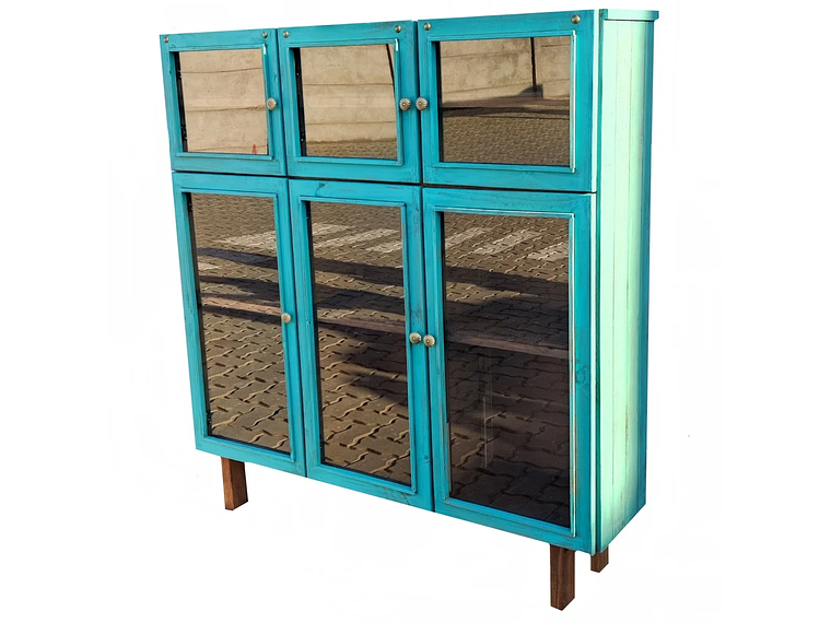 VITRINA RÚSTICA 6 PUERTAS EN VIDRIO TAIKKEE COLOR TURQUESA DECAPADO 2