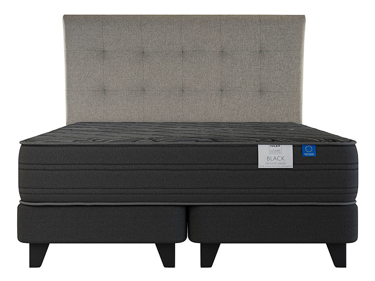 JUEGO DE DORMITORIO FLEX CAMA EUROPEA BLACK BOX TOP KING NEGRO + RESPALDO DESIGN GRIS 1