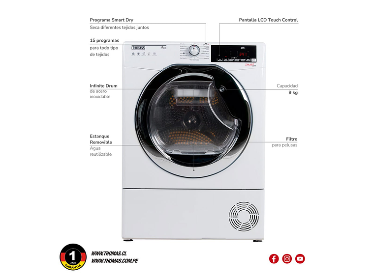 SECADORA DE ROPA BOMBA DE CALOR THOMAS TH-D9KCBC 9KG BLANCO 6