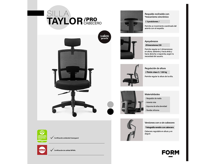 SILLA OFICINA TAYLOR SYNCRO NEGRO CON CABECERO FORM 6