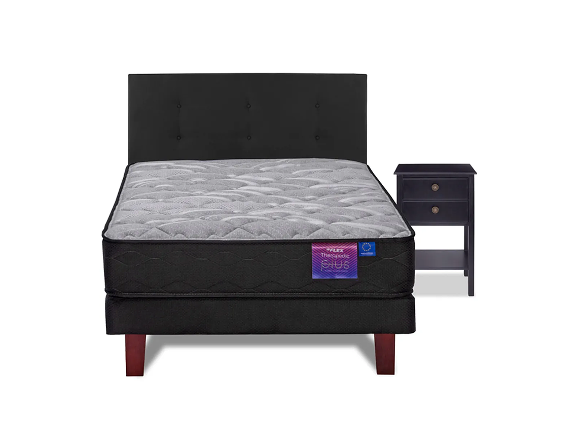 JUEGO DE DORMITORIO FLEX CAMA EUROPEA THERAPEDIC PLUS BOX 1.5 PLAZAS + RESPALDO ROYAL NEGRO + VELADOR ROVER 2