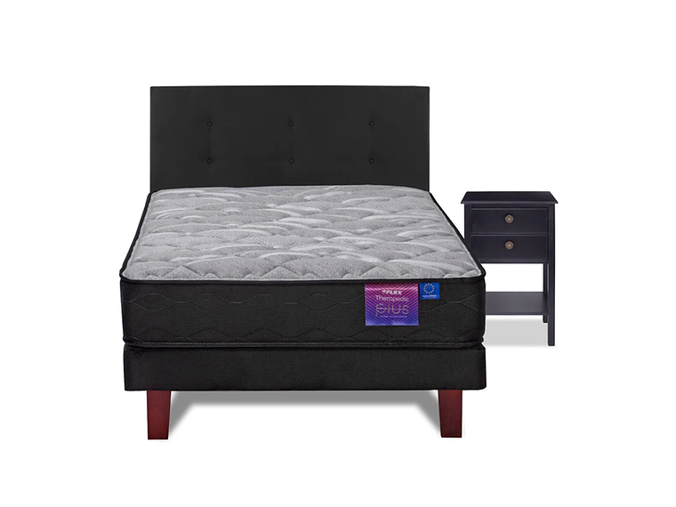 JUEGO DE DORMITORIO FLEX CAMA EUROPEA THERAPEDIC PLUS BOX 1.5 PLAZAS + RESPALDO ROYAL NEGRO + VELADOR ROVER 2