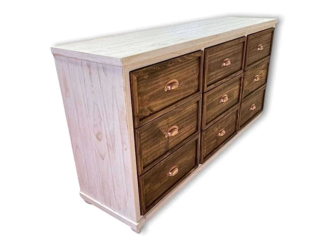 CÓMODA CON 9 CAJONES DE MADERA TAIKKEE COLOR BLANCO DECAPADO Y NOGAL 2