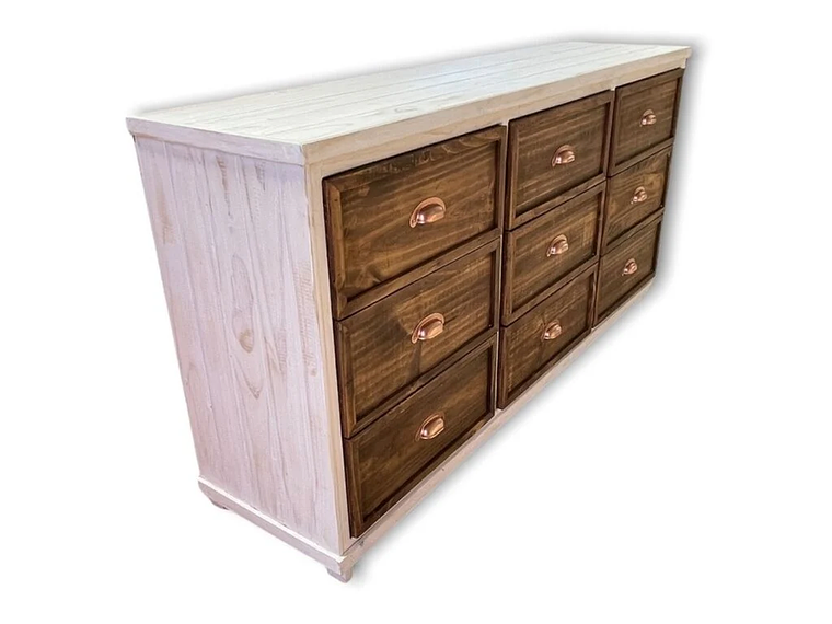 CÓMODA CON 9 CAJONES DE MADERA TAIKKEE COLOR BLANCO DECAPADO Y NOGAL 2