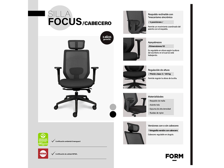 SILLA OFICINA FOCUS NEGRO CON CABECERO FORM 6