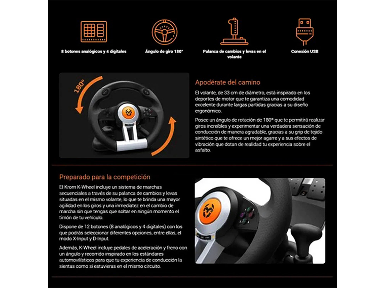 KIT VOLANTE CON PEDALES KROM K-WHEEL PREMIUM PS4 XBOX ONE PC 4
