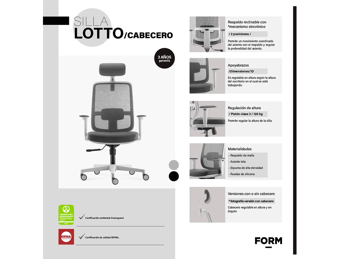 SILLA OFICINA LOTTO CON CABECERO GRIS CLARO FORM 7