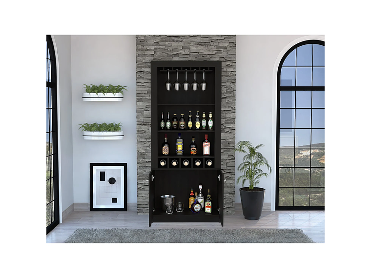 BAR FMFURNITURE ALTO 5 BOTELLEROS Y PORTACOPAS FM 003C CAFÉ OSCURO NEGRO 6