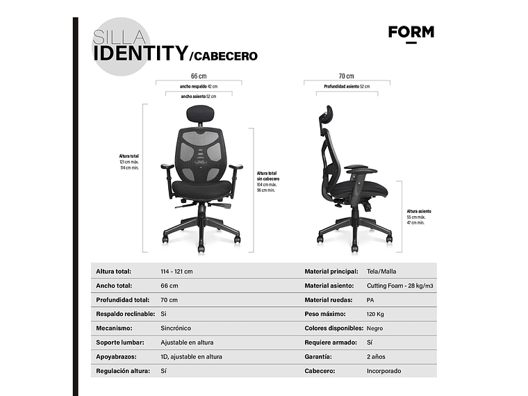 SILLA OFICINA IDENTITY BASE NYLON C/CABECERO NEGRO FORM 7